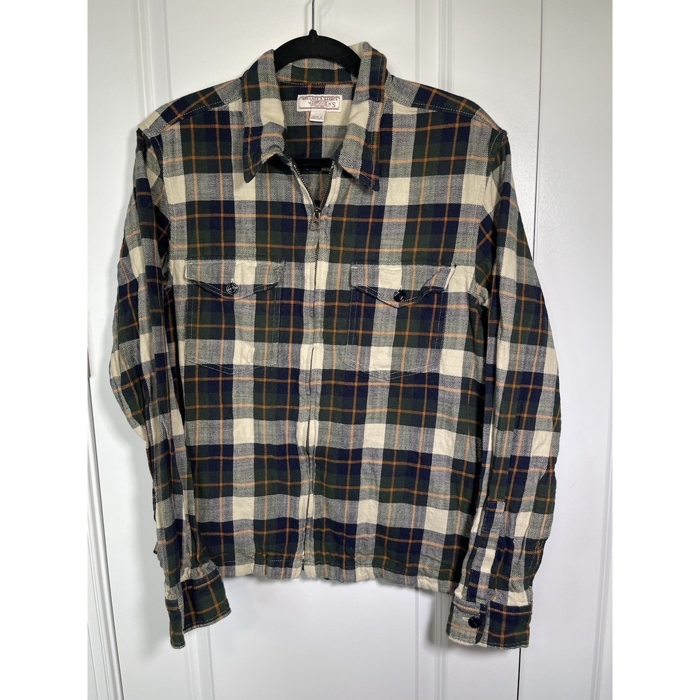 Wallace & Barnes Plaid Flannel Zip Jacket Size‎ Small Collar Front Pockets Green